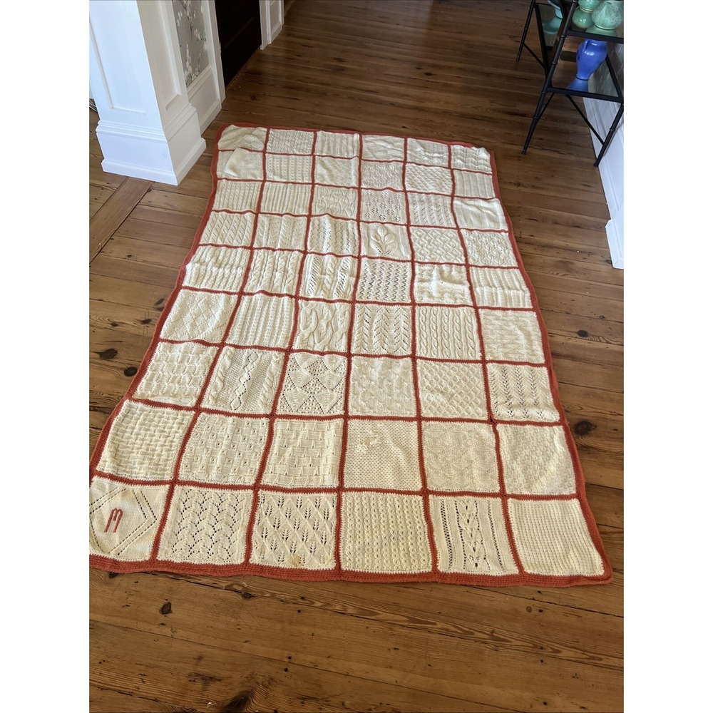 Handmade Crochet Afghan Twin Coverlet Sampler Cream Rose Monogram "M"